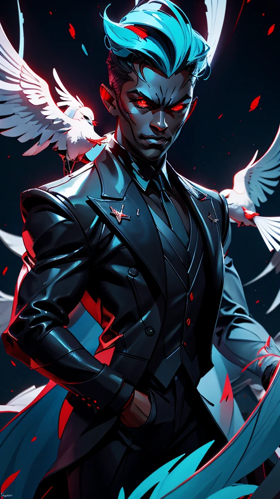 A captivating Dutch-shot of a dark-skinned villain boy with a white tuxedo, his magnificent red crystalline cyan eyes awakening and emitting a radiant reflective cyan light, against a background of falling crow's feathers, 4k, UHD, HDR, ultra-detailed, realistic, photorealistic, sharp focus, physically-based rendering, vivid colors, studio lighting, masterpiece