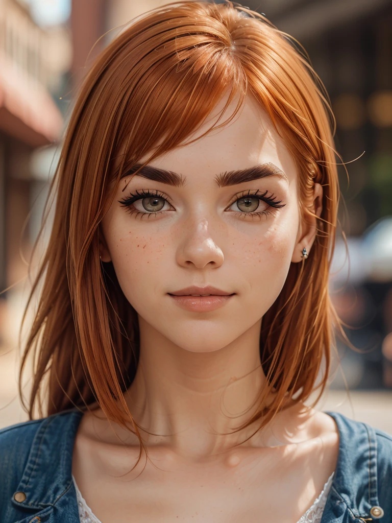 (photo, photo realism, masterpiece, hyper realistic:1.3), (beautiful, aesthetic, perfect, delicate, intricate:1.2), sexy adult ginger woman, long beautiful face. (medium bob ginger orange hair with bangs:1.3), sweet smile. mascara and (massive eyeliner flicks:1.4), face closeup, face focus, sweet smile, face full of (freckles:.8), (cowboy shot:1.3), (very thin almond eyes:1.6). (large bangs:1.3), (stylish and thick eyebrows:1.5)