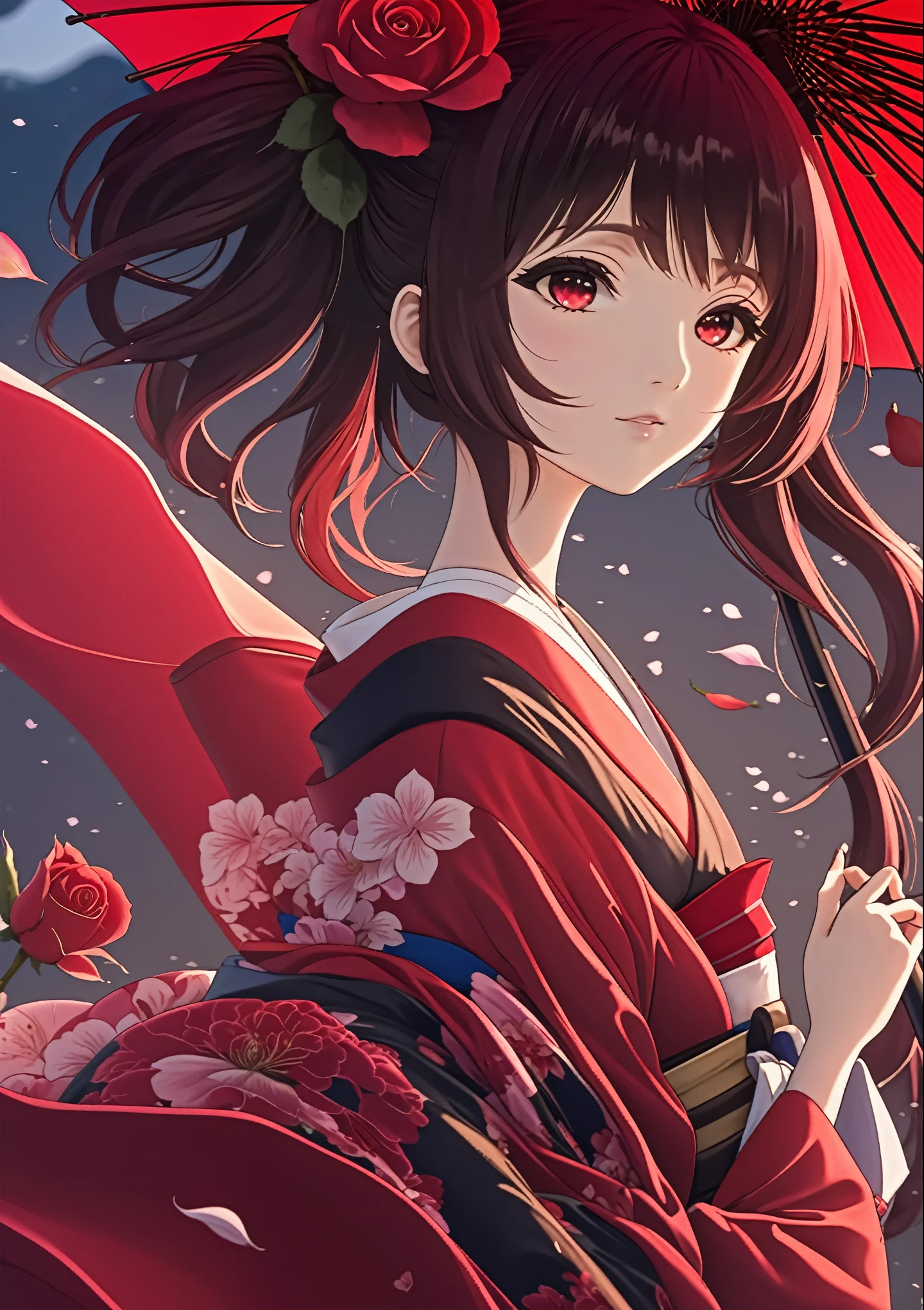 Anime girl with red umbrella and red rose umbrella, Enchanting anime girl, Japanese Goddess, Anime Style 4k, Half Yamada, In kimono, Best anime 4k konachan wallpaper, Beautiful and attractive anime woman, Anime Art Wallpapers 8K, In kimono, anime art wallpaper 4k, anime art wallpaper 4k, Gwaiz