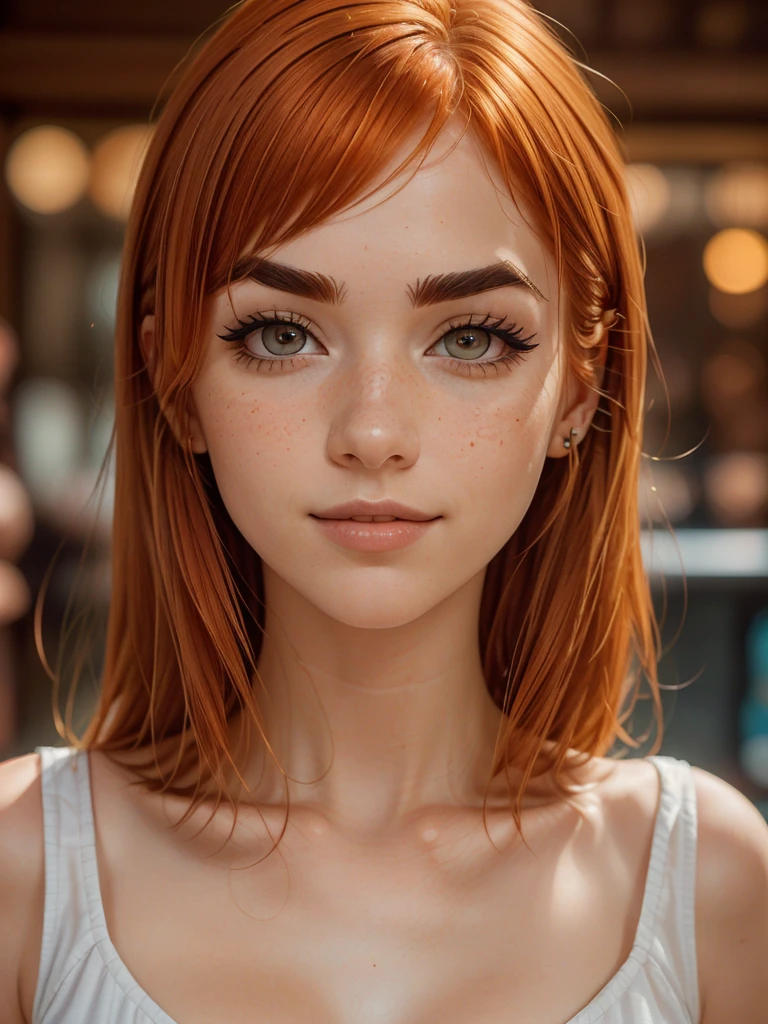 (photo, photo realism, masterpiece, hyper realistic:1.3), (beautiful, aesthetic, perfect, delicate, intricate:1.2), sexy adult ginger woman, long beautiful face. (medium bob ginger orange hair with bangs:1.3), sweet smile. mascara and (massive eyeliner flicks:1.4), face closeup, face focus, sweet smile, face full of (freckles:.8), (cowboy shot:1.3), (very thin almond eyes:1.6). (large bangs:1.3), (stylish and thick eyebrows:1.5)