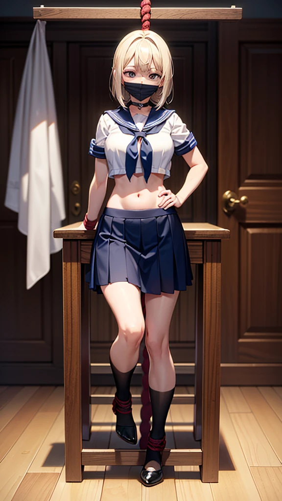 (Highly detailed CG Unity 8k), (Highest quality)，(Very detailed)，(Ultra-high resolution), 1 female, white cloth gag, uniform, Sailor suit, Rope Bondage, breasts Rope Bondage, hands back Rope Bondage, leg Rope Bondage, thigh Rope Bondage, bust Rope Bondage, feet Rope Bondage, Put your arms behind your hips, Wrists tied, Tie your ankles, Gagged with a white cloth, Dark blue skirt, The rocking horse is so high that my feet can&#39;t reach it.., (His feet are on the rocking horse:1.4), Crying face, Ticker, 