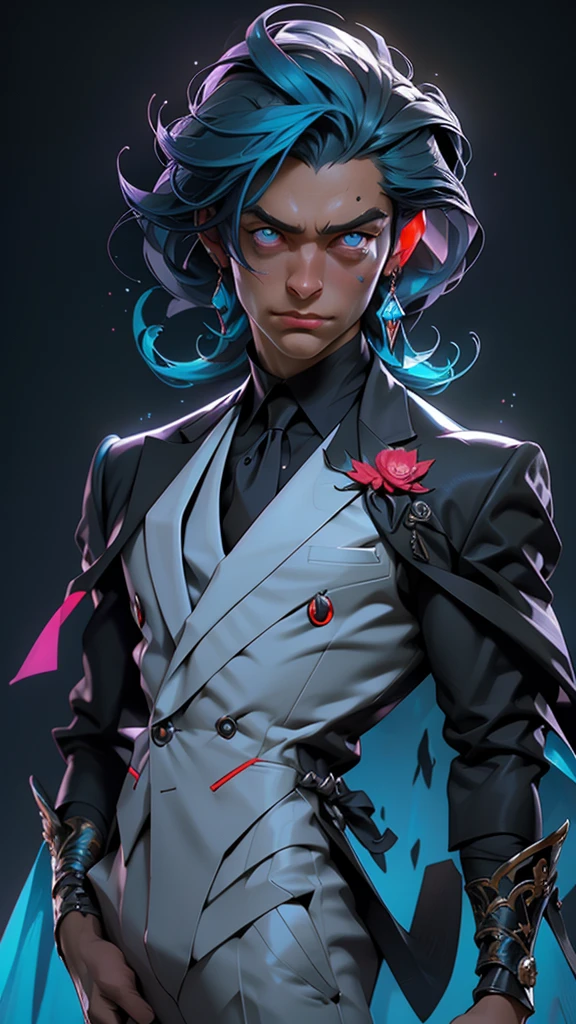 A captivating Dutch-shot of a dark-skinned villain boy with a white tuxedo, his magnificent red crystalline cyan eyes awakening and emitting a radiant reflective cyan light, against a background of falling crow's feathers, 4k, UHD, HDR, ultra-detailed, realistic, photorealistic, sharp focus, physically-based rendering, vivid colors, studio lighting, masterpiece