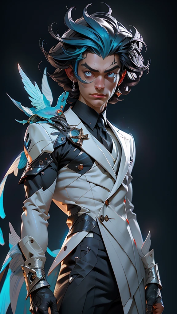 A captivating Dutch-shot of a dark-skinned villain boy with a white tuxedo, his magnificent red crystalline cyan eyes awakening and emitting a radiant reflective cyan light, against a background of falling crow's feathers, 4k, UHD, HDR, ultra-detailed, realistic, photorealistic, sharp focus, physically-based rendering, vivid colors, studio lighting, masterpiece