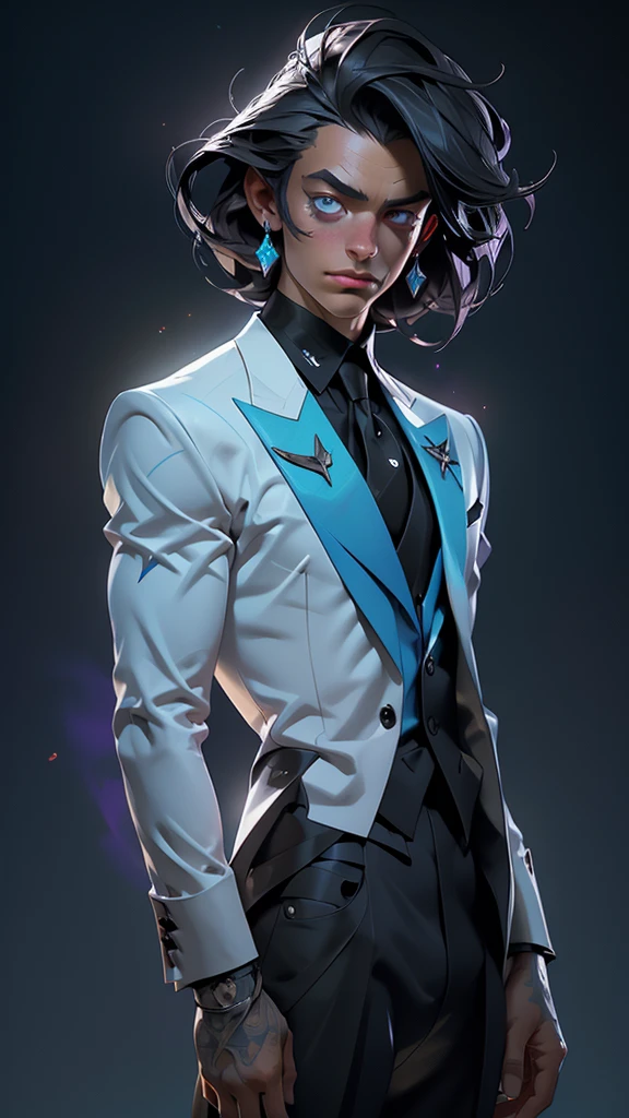 A captivating Dutch-shot of a dark-skinned villain boy with a white tuxedo, his magnificent red crystalline cyan eyes awakening and emitting a radiant reflective cyan light, against a background of falling crow's feathers, 4k, UHD, HDR, ultra-detailed, realistic, photorealistic, sharp focus, physically-based rendering, vivid colors, studio lighting, masterpiece