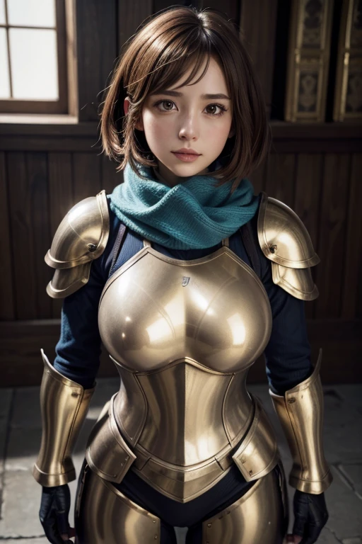 chef-d&#39;œuvre, absurdités, bon détail, HDR,highly detailed armure with gold plating, shiny armure, Photoréaliste,PLD_armure, a female knight in armure, porter du PLD_armure, foulard bleu ochako uraraka très grosse poitrine