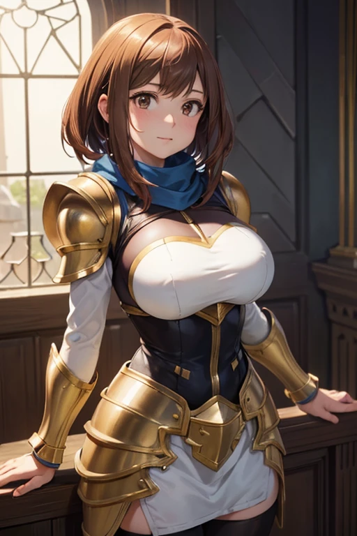 Masterpiece, absurdities, good detail, HDR,highly detailed armor with gold plating, shiny armor, photorealistic,PLD_armor, a female knight in armor, wearing PLD_armor, blue scarf ochako uraraka very big chest