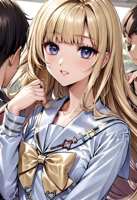 A gorgeous 15-year-old blonde Japanese girl in a satin long-sleeve sailor uniform