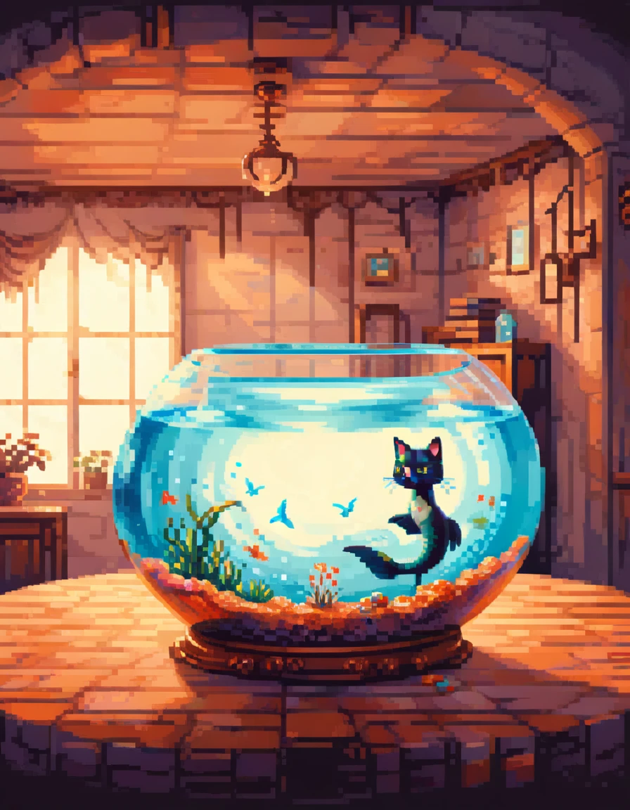 absurdres, uhd, (((fishbowl on a table in a home))), ((cats as mermaids in fishbowl)), simple background, air bubbles, shaded, glowing, swimming, sky, clouds, daytime, 