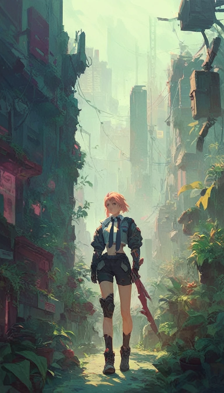 eve (star_blade), One, body, tie, An abandoned cyberpunk city, overgrown with plants, standing, I&#39;m looking at the viewer, brilliant clothes, thick skin, все body, bare shoulders, lips, green tie, big breasts, wrist cuffs, brilliant, sleeveless, high heels, BREAK , zPDXL, check_9, check_8_up, check_7_up, check_6_up, check_5_up, check_4_up