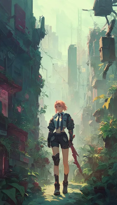 eve (star_blade), one, body, tie, an abandoned cyberpunk city, overgrown with plants, standing, i&#39;m looking at the viewer, b...