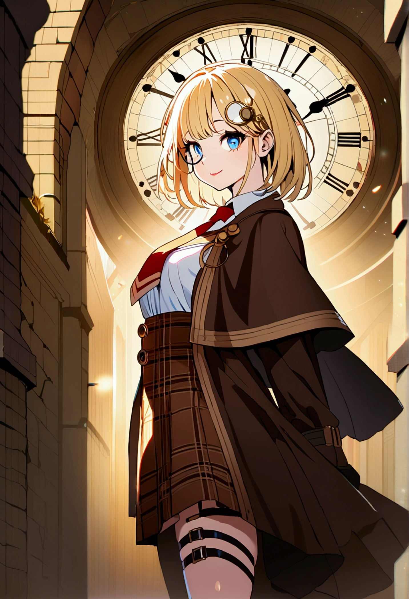 isometric, 1 girl, mid shot, masterpiece, best quality, ultra-detailed, illustration, Amelia Watson,short hair, bob cut, blonde hair, blue eyes, monocle hair ornament, smile white collared shirt, white shirt, red necktie, brown capelet, brown coat, high-waist skirt, plaid skirt, single thigh strap, black thighhighs,ray tracing, bokeh, (steampunk:1), brown, polluted sky, (gothic building), (giant clock right behind the character),from side, (((looking at viewer)))(sharp eyes, pink lips:0.8),(high saturation:1.2),