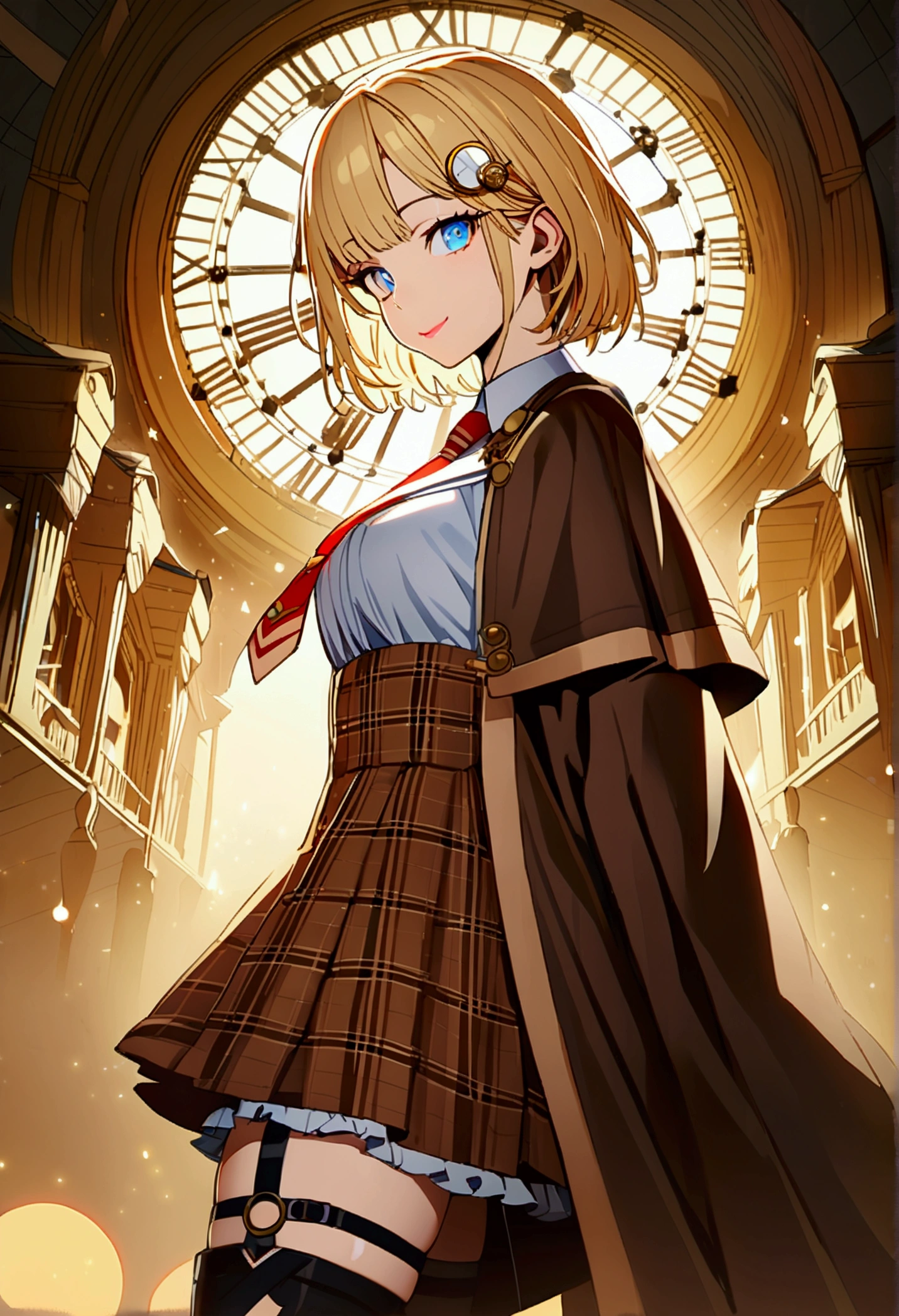 isometric, 1 girl, mid shot, masterpiece, best quality, ultra-detailed, illustration, Amelia Watson,short hair, bob cut, blonde hair, blue eyes, monocle hair ornament, smile white collared shirt, white shirt, red necktie, brown capelet, brown coat, high-waist skirt, plaid skirt, single thigh strap, black thighhighs,ray tracing, bokeh, (steampunk:1), brown, polluted sky, (gothic building), (giant clock right behind the character),from side, (((looking at viewer)))(sharp eyes, pink lips:0.8),(high saturation:1.2),