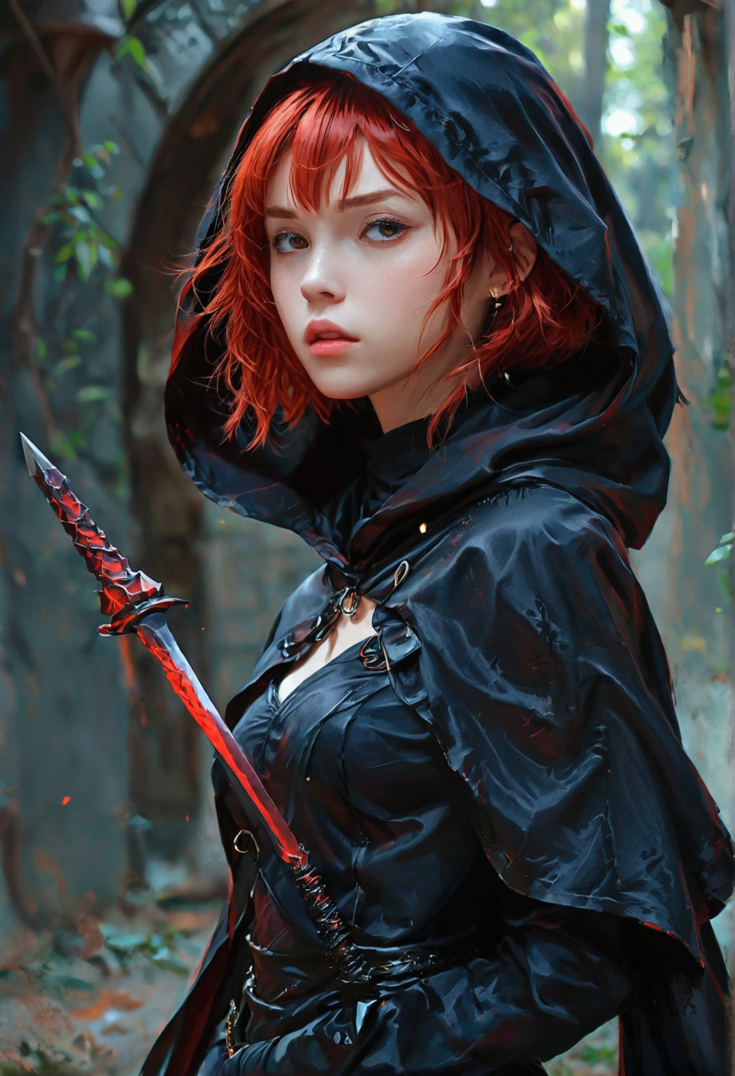 1 girl, red hair with black tips, short hair with bangs, black dress or skirt, black large cape hood, with a kunai in his hand, anime style