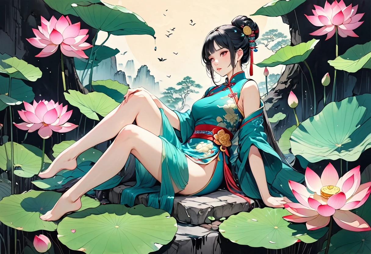  Ancient Chinese beauty sitting on a stone, Wearing Chinese clothing, Flowing tulle, Light Silk, Lazy posture, large lotus leaf, lotus, Colored pencil sketch, Ink Painting , Illustration style, Clean colors, Decisive felling, Blank, Hand Painted, masterpiece, Very detailed, Epic Composition, high quality, Highest quality, Ultra HD, 8k --v 6, 