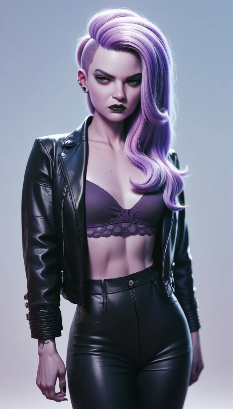 belle femme mince, Grande femme, détails lilas, coupe de cheveux gros lilas, cheveux longs, rouge à lèvres noir, Veste noire, Soutien-gorge violet, pantalon noir, femme punk, femme adulte, visage sérieux, trentenaire, Petits seins