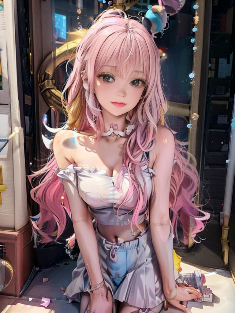 sweet girl，Beautiful and lovely，flower ring，pink suspenders，bare shoulders，show me your waist，short skirt，a little cleavage，many colorful bubbles，Bright face，chibistyle，There is a collarbone，long white hair，fluffy，fits your finger perfectly，delicate face，It is perfect，4K quality，colored balloons，towards the sky，3D artistic rendering，3d art girl，distance ，Newspaper on wall background，Traditional Korean painting，32K Ultra HD，top quality，colorful oil pastels