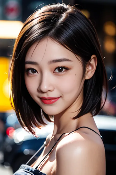 1 young girl, alone, looking at viewer, smile, short hair, black hair, closed mouth, upper body, mole, blurred, black eyes, lips...