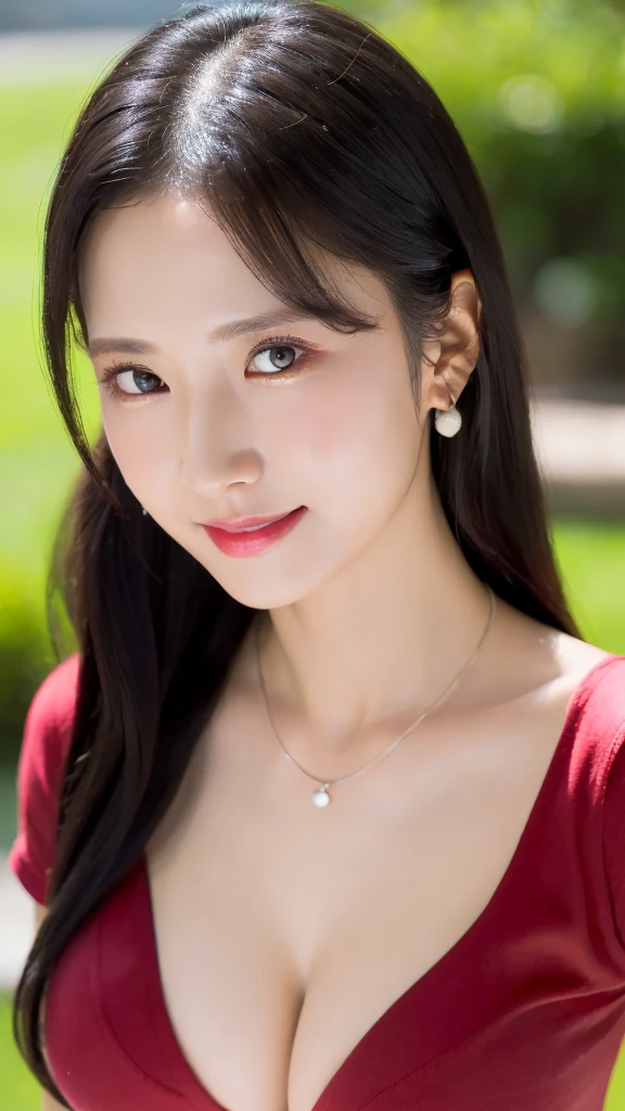 1 girl, ((8k, raw, masterpiece: 1.4)), (Professional photography, sharp:1.2), ((half body photoshoot)), Perfect dynamic composition, (Natural sun light), (soft shadow), (Perfect body:1.4, slim abs:1.2), (gigantic round breasts:1.6), (((black medium hair))), Ultra-detailed faces and skin, perfect asian, White skin, (Delicate skin:1.4), (latex skin:0.4), (perfect glowing skin:0.6), light brown eyes, beautiful eyes, round eyes, pretty face, blush, glossy lips, high nose bridge, glossy eyes, Perfectly proportioned face, Really moist skin, Refined expression, Smile gently at the camera, looking at camera, Refined expression, Elegant necklace, Elegant earrings, minimalist, ((wear red shirtdress))