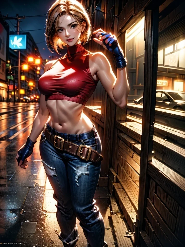 30 year old woman, alone, athletic, by the semi-cut ruby, she is wearing a tight red crop top, he wears blue jogger pants, has two belts, one small and the other a large belt hanging from his brown waist., wears blue fingerless gloves , he wears brown boots, smile at the viewer, points at the viewer, There is a little brown dog with white spots with her, high resolution, absurd, intricate, sharp focus, a New York alley in the background, Best Quality, Masterpiece, high resolution, Perfect picture, Very detailed, High contrast, Digital colors, simple, medium shot, cinematographic, ultra sharp focus, award-winning photography, perFect contrast, high sharpness, depth of field, ultra detailed photography, global illumination, fluid, ultra high definition, 8k, unreal engine 5, ultra-sharp focus, award-winning photography, Art Season Trends,
