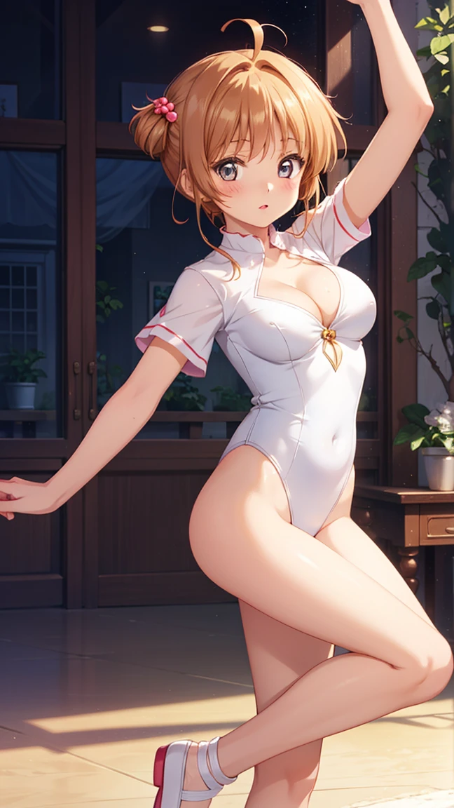 masterpiece, best quality, highres, 1girl, detailed face, blush, anime CG style, ((medium breasts)), (18 year old girl:1.3), (aged up), good lighting, perfect body, sakura kinomoto, glossy lips, looking at viewer, dance hall, gymnastics leotard, bare legs, cleavage, tight clothes