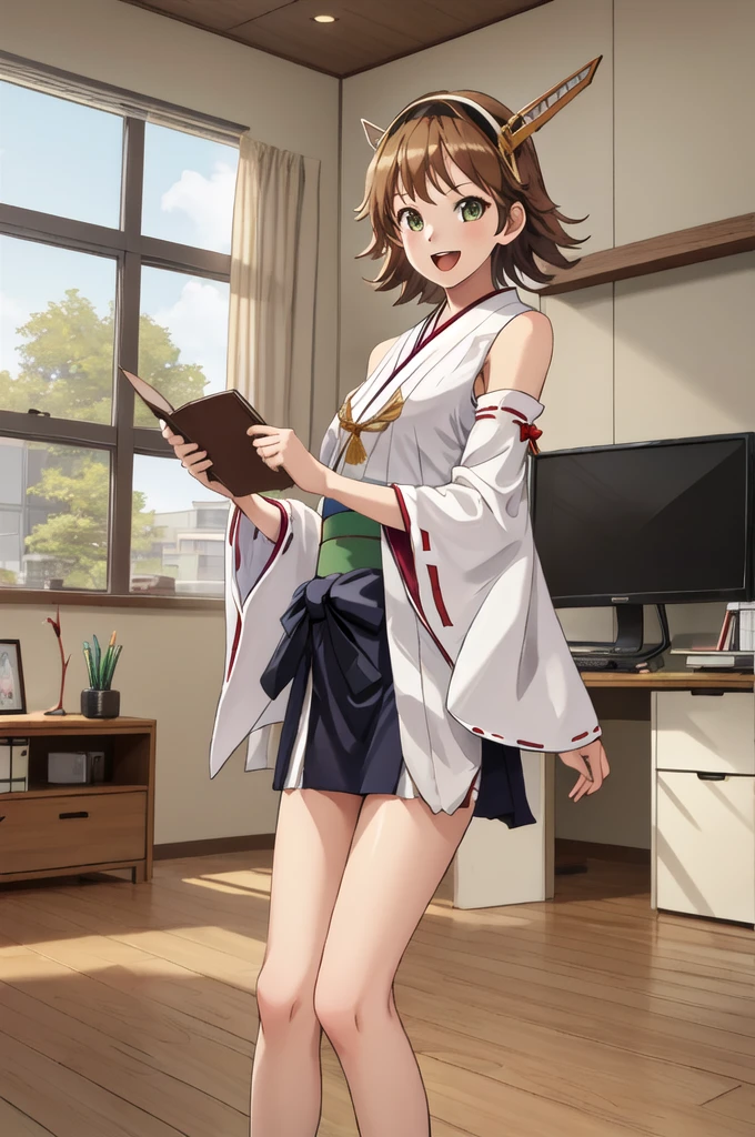 Highest quality, masterpiece, High resolution, ((Perfect hands, Perfect Legs, Perfect Anatomy)), ((一人in)), {Hiei Kai-2_Fleet Collection:1.15}, brown_hair, short_hair, hairband, headgear, Non-traditional_Shrine maiden, smile, green_eye, Inverted up_hair, Open_mouth, (One girl), independent_sleeve, Japanese_Clothes, Looking_in_Audience, ribbon-trimmed_sleeve, ribbon_trim, whole body, , (indoor, office, living room),