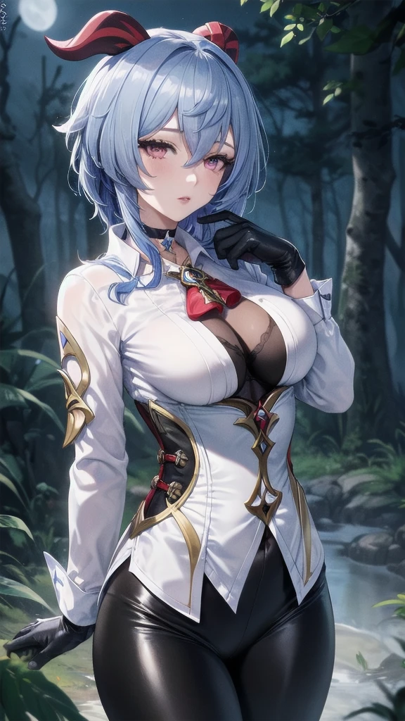 Masterpiece, Beautiful art, professional artist, 8k, sleeping expression, very detailed face, Detailed clothing, detailed fabric, 1 girl, Hiring, (genshin impact), View from the front, standing, perfectly drawn body, pale skin, shy expression, beautiful face, agregar cuernos de Hiring en la cabeza, Long sky blue hair, 4k eyes, very detailed eyes, pink cheeks, choker:1.6, (white long sleeve button down shirt with white collar), black gloves, gloves that cover hands, (black leather corset), (shiny black leggings), Sensual Lips, show details in the eyes, dark forest, at night, Atmosphere, fog