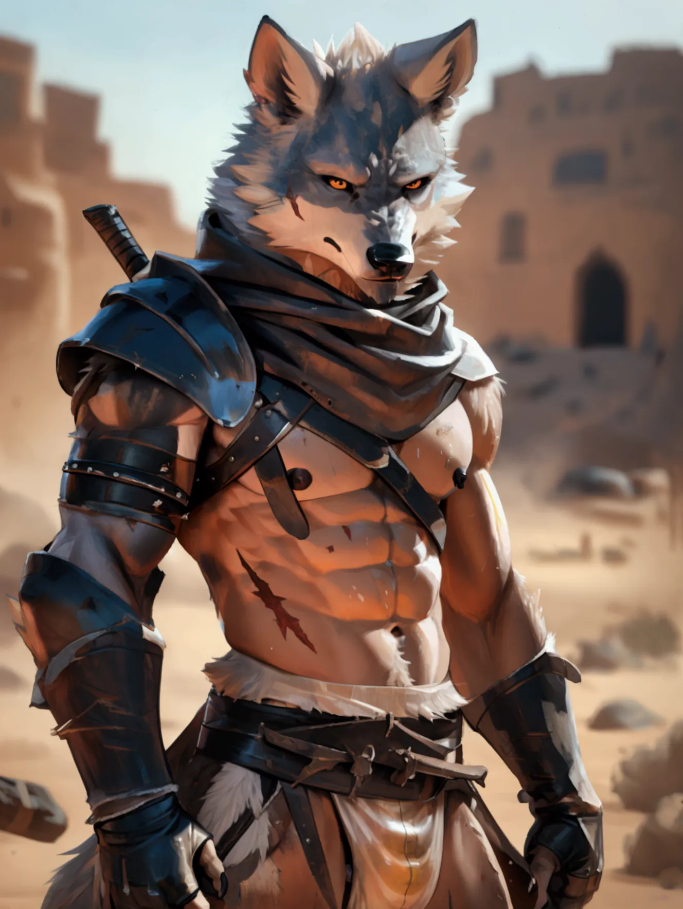 solo sexy anthro furry wolf male mercenary medieval solider, slim endomorph muscular handsone model male apperance, sword scars,...