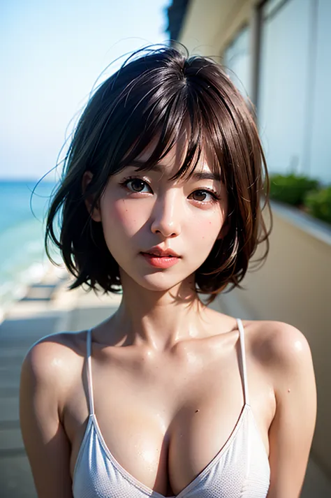 ((highest quality)),((8k、32k)),(genuine),realistic photos、jp idol,(detailed)、(beach)、((bust up shot))、((face closeup))、(white sk...