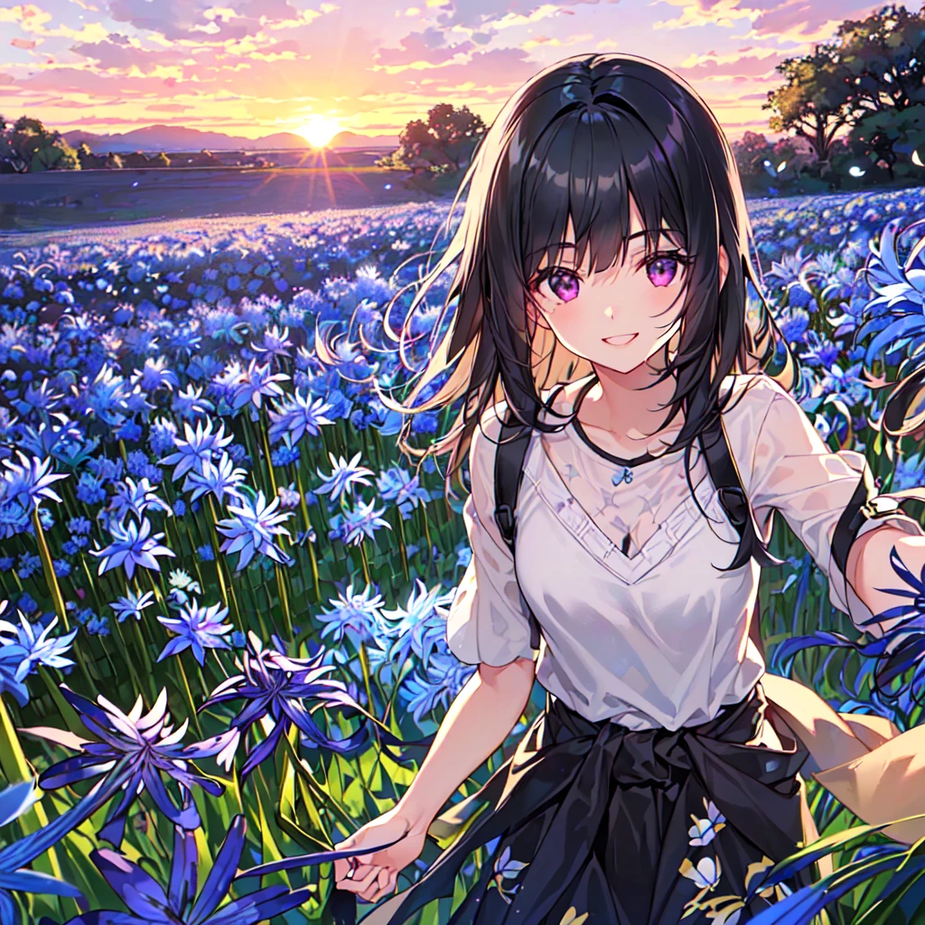 masterpiece, best quality, high quality, extremely detailed, very delicate and beautiful, (1 female 18 years old solo:1.5), (long black hair up to waist with two side up:1.5), bangs to eyebrows, eyes Eyebrows glossy, (eye color magenta:1.3), 6.5 head height, (agapanthus flower print summer fashion:1.3), knee socks, lace, frills, (smiling), (running:1.3), (smiling), (dynamic pose), (background agapanthus flower field:1.3), (sunset:1.3), (upper body:1.3)