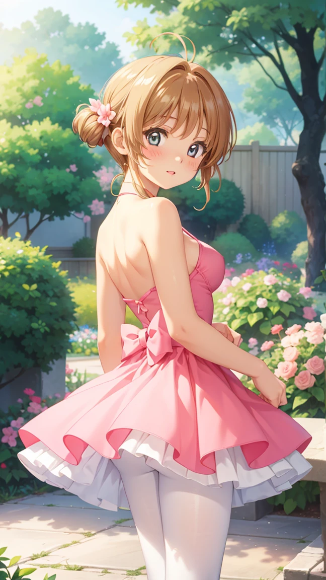 masterpiece, best quality, highres, 1girl, detailed face, blush, anime CG style, (medium breasts), (18 year old girl:1.3), (aged up), good lighting, perfect body, sakura kinomoto, glossy lips, looking back at viewer, garden, tutu, white pantyhose