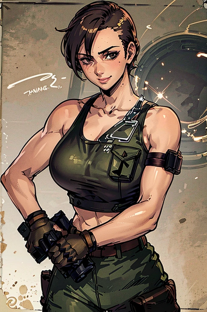 a military woman, well trained body, black sleeveless t-shirt, Exposed collarbone, green pants with camouflage, two leather belts with gun pockets, dark brown hair, carving, Brown eyes, hazel left eye, left eye with a scar, kitchen, angle from above, looking at the viewer, flirtatious smile, slight blush on the cheeks.