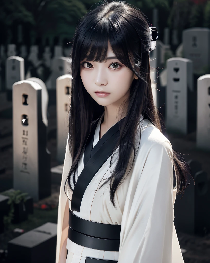 Highest quality, 32k, High resolution, Masterpiece, marimo_jet, Ghosts wandering the cemetery at night, Dark atmosphere, Evoking a sense of calm and elusive beauty, Expressing emotions, Have a rich imagination, Beautiful Japanese Girls, An exceptionally beautiful face, Small Face Beauty, , Perfect Human Anatomy, Magical big eyes, Fleeting Expression, Super Long Straight Silk Hair, Asymmetrical bangs, Hair between the eyes, Pale skin, Sharp eyebrows, Thin lashes, Natural Makeup, ((Simple white kimono:1.6)), ((Japanese Cemetery:1.5)), ((Simple gravestone)), ((Midnight Darkness:1.7)), ((Pitch black night sky:1.5)), Professional photographer, Professional Lighting, Professional models