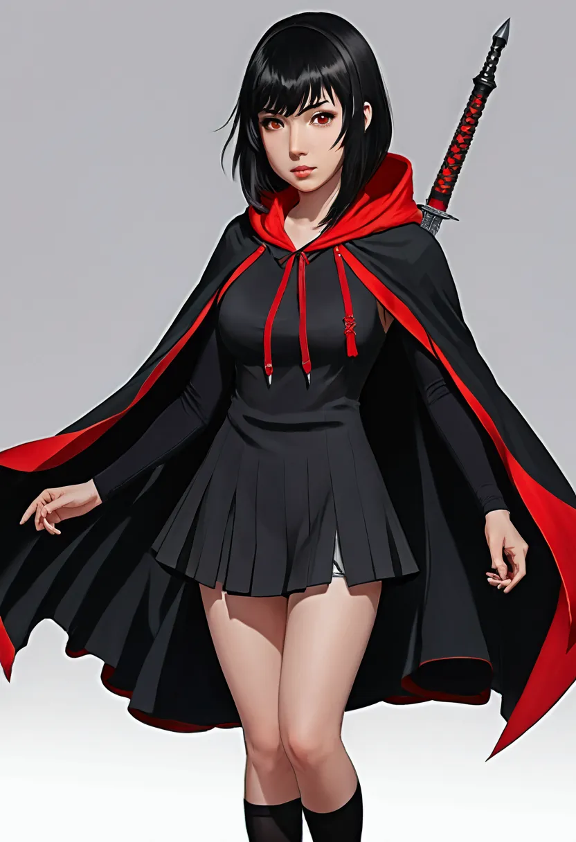 1 girl, black hair with red tips, short hair with bangs, black dress or skirt, black large cape hood, with a kunai in his hand, ...