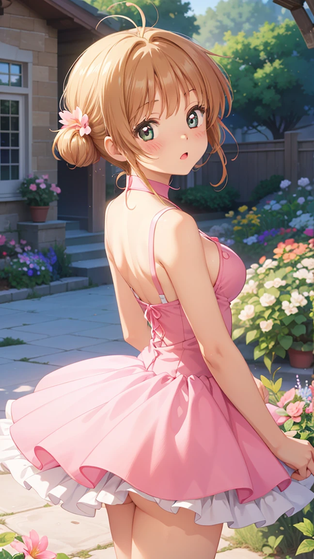 masterpiece, best quality, highres, 1girl, detailed face, blush, anime CG style, (medium breasts), (18 year old girl:1.3), (aged up), good lighting, perfect body, sakura kinomoto, glossy lips, looking back at viewer, garden, tutu