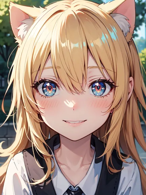 hair over shoulder, wavy hair, hair strand, shiny hair, blonde hair, eye reflection, glowing eyes, slit pupils, amber eyes, cat ...