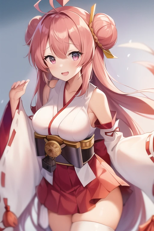 One girl, alone, Long Hair, King Kongu (Kantai Collection),Sakura Miko, Pink Hair, Double Bang, Purple eyes, Hair Bun, Ahoge, Open your mouth, Non-traditional Shrine Maiden, Removable sleeves, Brown eyes, White Background, (headgear):2, (Hair Bunド):2, smile, Sleeves edged with ribbon, Simple Background, kimono, Ribbon trim, View your viewers,  username, Upper Body, Wide sleeves, :d, King Kong