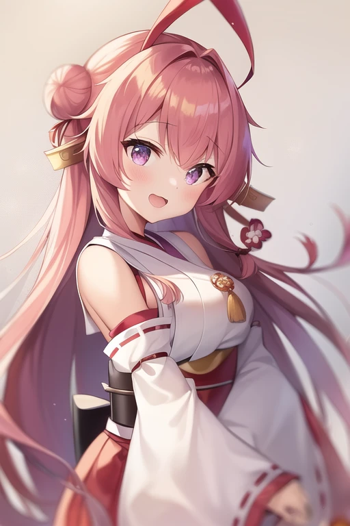 One girl, alone, Long Hair, King Kongu (Kantai Collection),Sakura Miko, Pink Hair, Double Bang, Purple eyes, Hair Bun, Ahoge, Open your mouth, Non-traditional Shrine Maiden, Removable sleeves, Brown eyes, White Background, (headgear):2, (Hair Bunド):2, smile, Sleeves edged with ribbon, Simple Background, kimono, Ribbon trim, View your viewers,  username, Upper Body, Wide sleeves, :d, King Kong