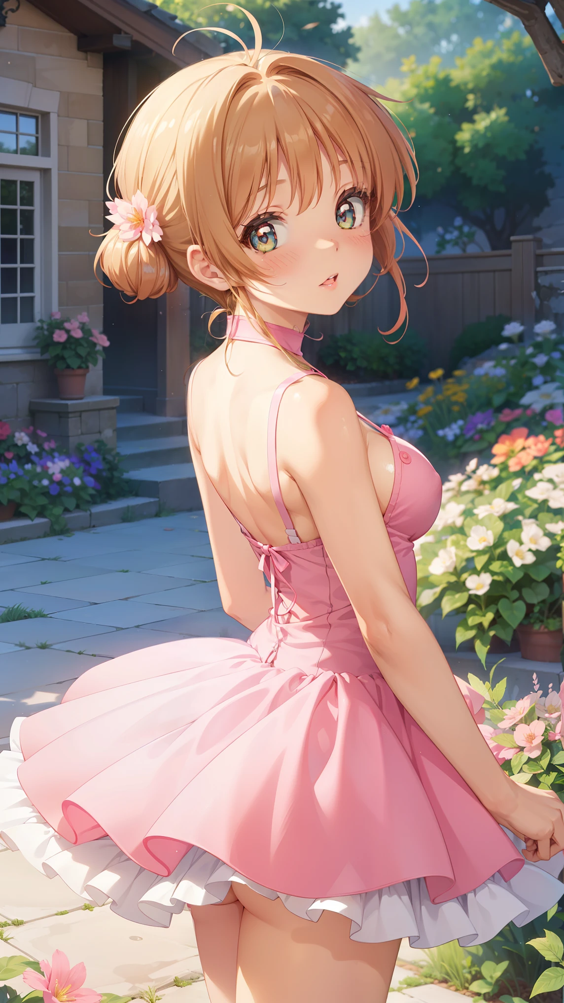 masterpiece, best quality, highres, 1girl, detailed face, blush, anime CG style, (medium breasts), (18 year old girl:1.3), (aged up), good lighting, perfect body, sakura kinomoto, glossy lips, looking back at viewer, garden, tutu