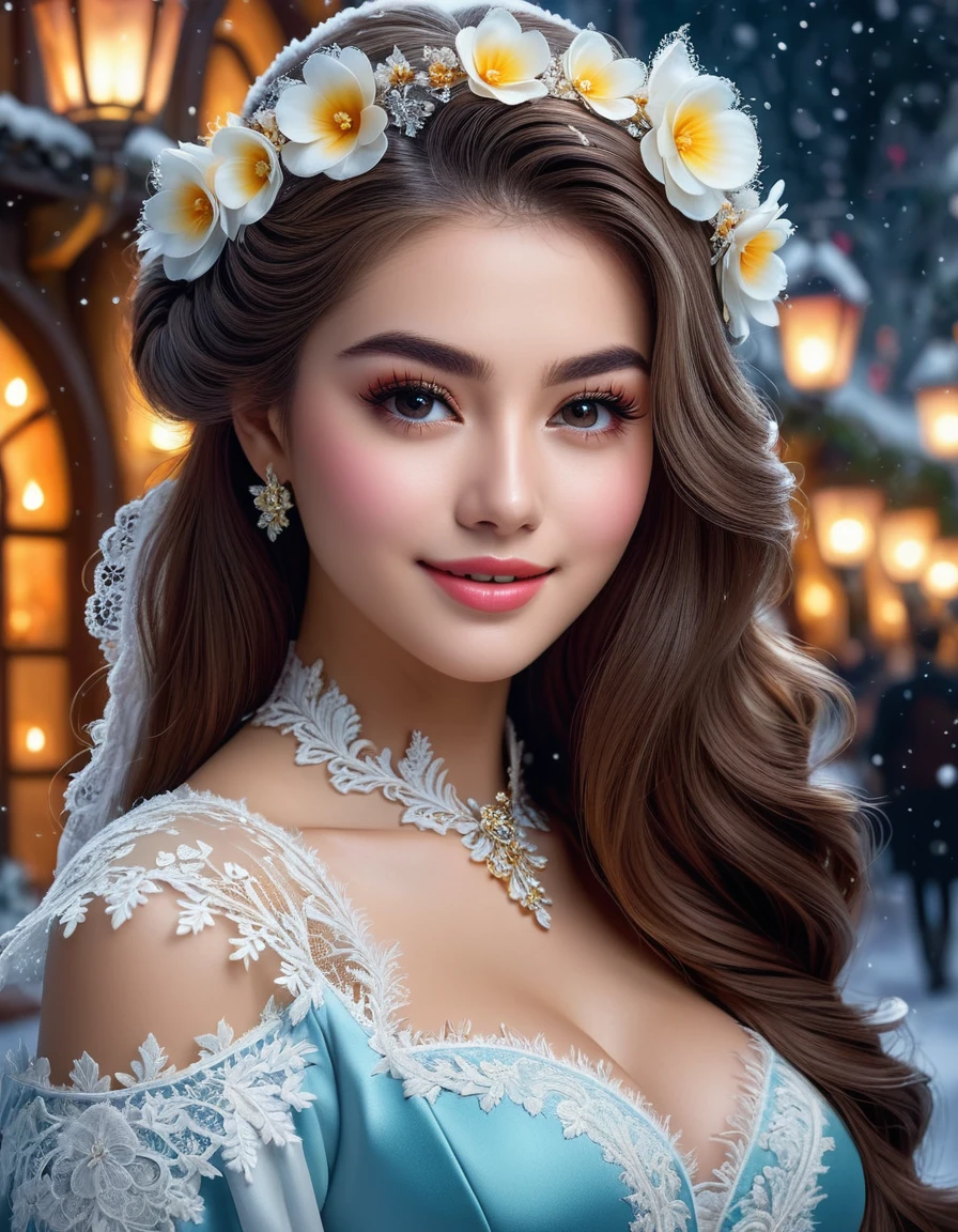 ultra high quality image, close-up, stunningly beautiful girl, long fluffy eyelashes, modern rococo style, with impressionistic softness, snow-white smile, bright colors, ambient lighting, clothes decorated with intricate lace and flowers reminiscent of the era, the scene exudes the highest quality , mutual love, 8k HDR Dolby Vision, digital art, ultra HD, realistic, vibrant colors, high detail, perfect composition, beautiful detailed intricate insanely detailed octane rendering, trending on artstation, 8k art photography, photorealistic concept art, soft natural 3D cinematic perfect light. Lots of details, intricate details, brilliant, magical, stunning, a work of art, a masterpiece.