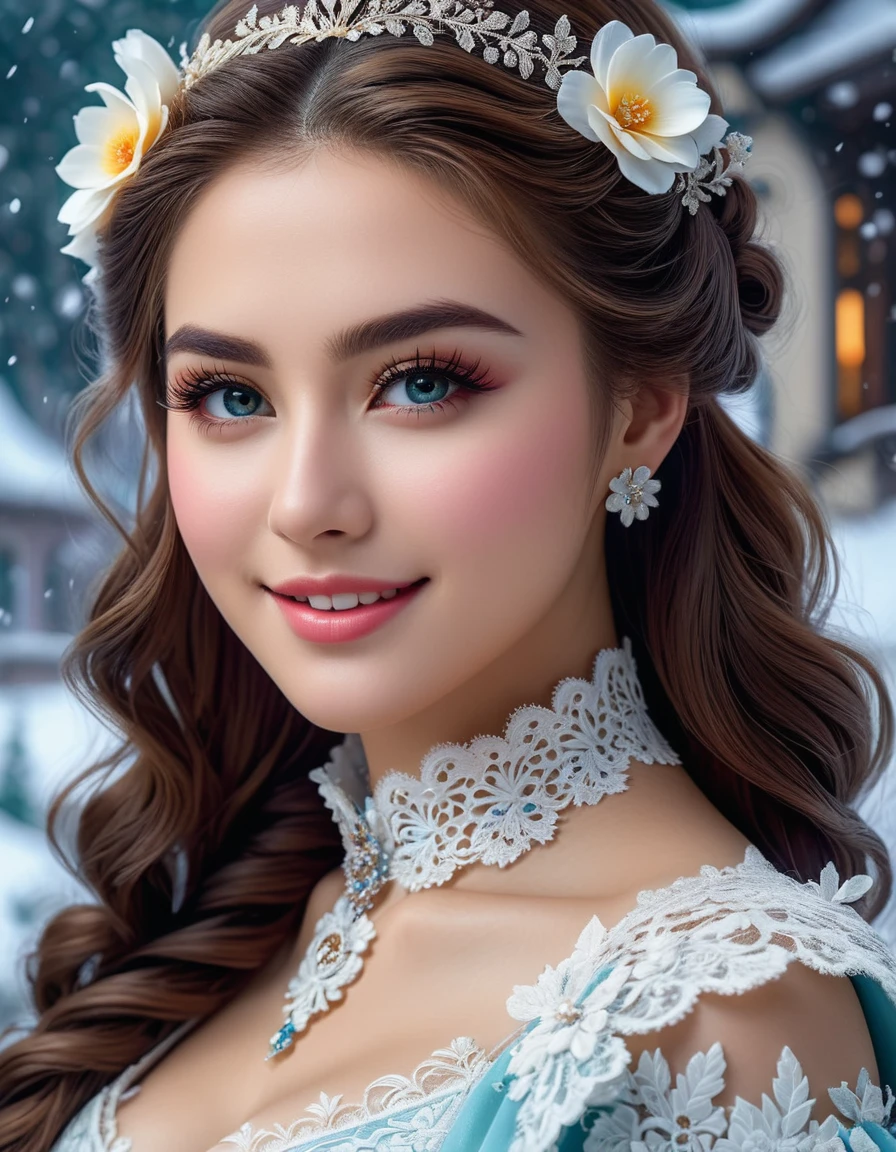 ultra high quality image, close-up, stunningly beautiful girl, long fluffy eyelashes, modern rococo style, with impressionistic softness, snow-white smile, bright colors, ambient lighting, clothes decorated with intricate lace and flowers reminiscent of the era, the scene exudes the highest quality , mutual love, 8k HDR Dolby Vision, digital art, ultra HD, realistic, vibrant colors, high detail, perfect composition, beautiful detailed intricate insanely detailed octane rendering, trending on artstation, 8k art photography, photorealistic concept art, soft natural 3D cinematic perfect light. Lots of details, intricate details, brilliant, magical, stunning, a work of art, a masterpiece.