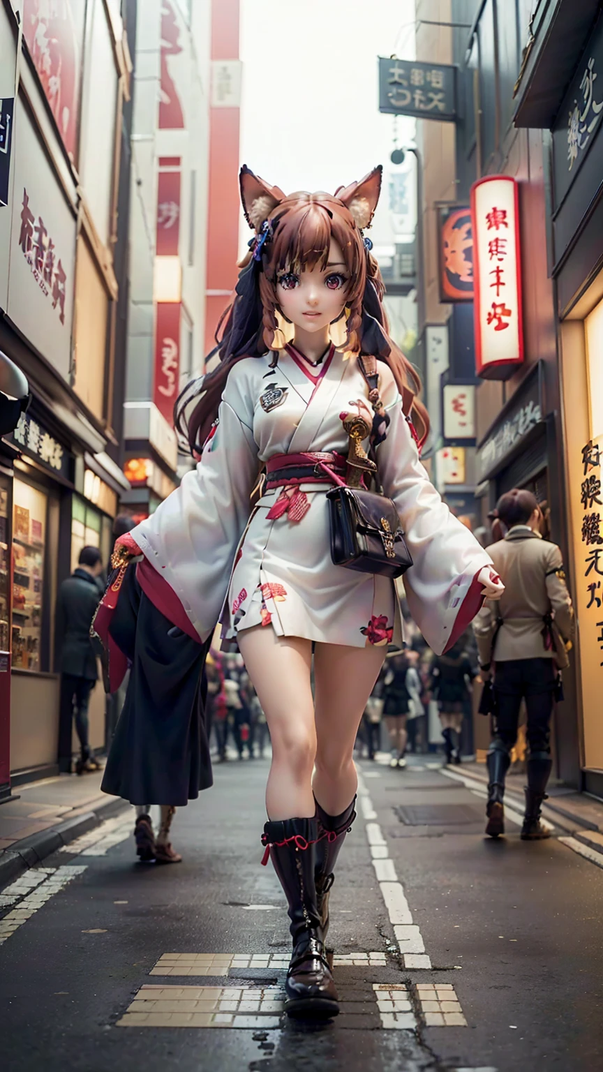 Brahmaestra, Raphtalia, Brown Hair, Animal ears, Red eyes,(smile1.8)(smileの目1.8)smile、Happy face、Dynamic pose、Put on your boots(Look at this:1.5)(Full Body Shot:1.2)(Harajuku Takeshita Street:1.5), Full body photo, convenience store,自転car、car、Super Cub、Passersby、(Distant view of a modern Japanese city:1.5)、(Move up by one&#39;Long sword:1.8),(Assault rifle,Hold horizontally:1.8)