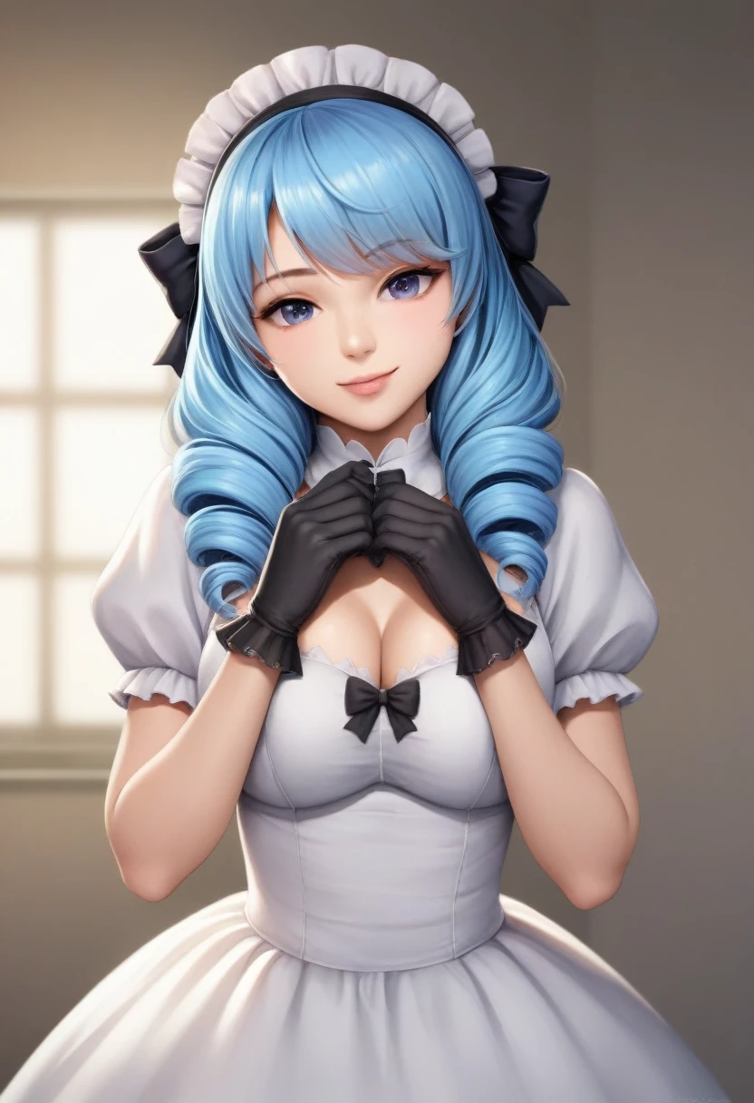 Korean,Realistic, masterpiece, Final details, photo Realistic, Exquisite detail, Octane Rendering, 8K, One girl, Perfect face, Beautiful Face, nswf Japanese, Trough Reference, Hair Details,, black bow, black gloves, Black Legs, blue eyes, Blue Hair, bow, clavicle, dress, Drill Hair, Frills, Frills, gloves, Gwen, headdress, High resolution, Long Hair, Part your lips, Puffy sleeves, Purple eyes, smile, alone, white dress, Oilskin,