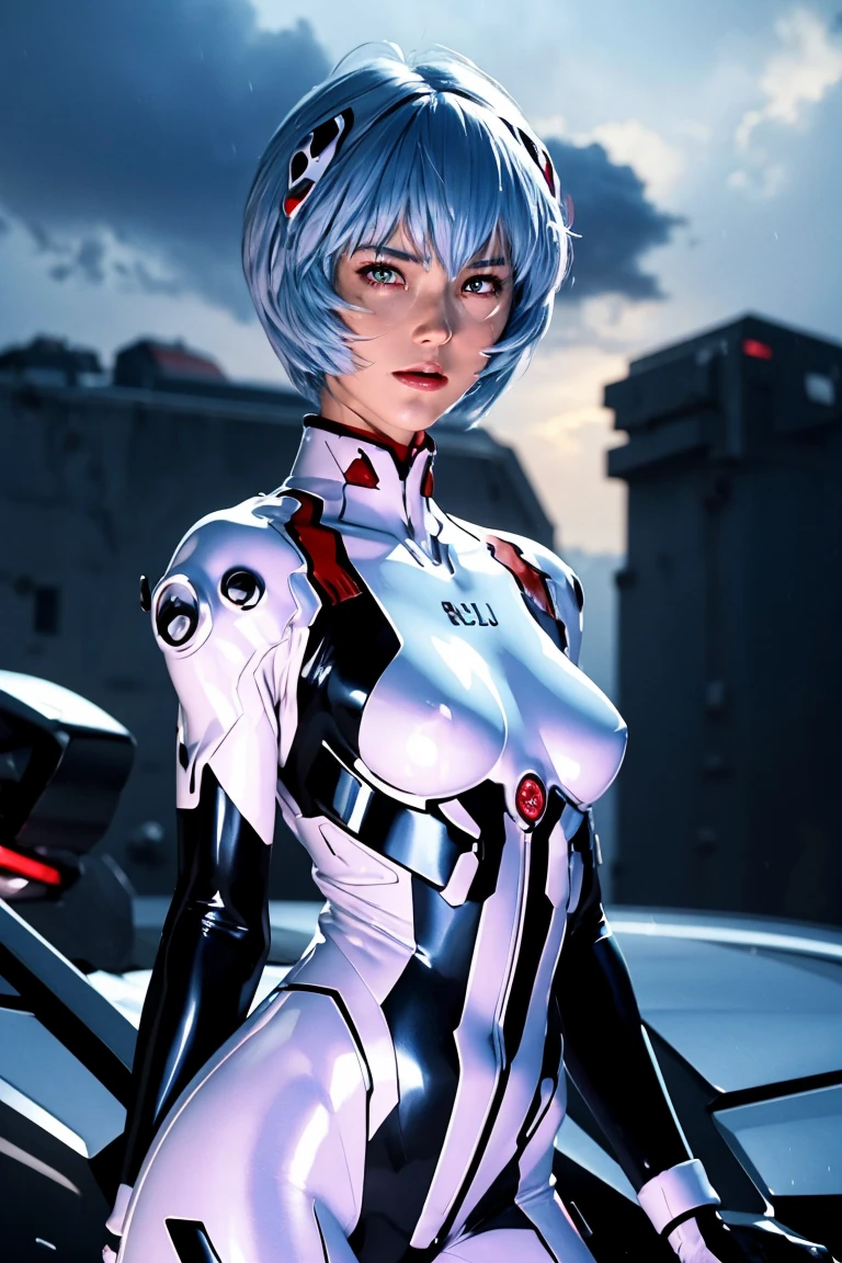 エヴァンゲリオン,Rei Ayanami,銀色の青い髪,赤い目,赤い目,プラグスーツ,ボディスーツ,インターフェースヘッドセット,白いボディスーツ,ウルトラHD,超高品質,傑作,デジタル一眼レフ,写実的な,詳細な詳細,鮮明なディテール,詳細に描写,詳細な顔,詳細な詳細,スーパーディテール,リアルな肌の質感,解剖学的根拠,完璧な解剖学,解剖学的に正しい手,解剖学的に正しい指,複雑な3Dレンダリング,セクシーなポーズ,雨の空,美しい景色,素晴らしい雨空,絵のように美しい,ピンクの唇,