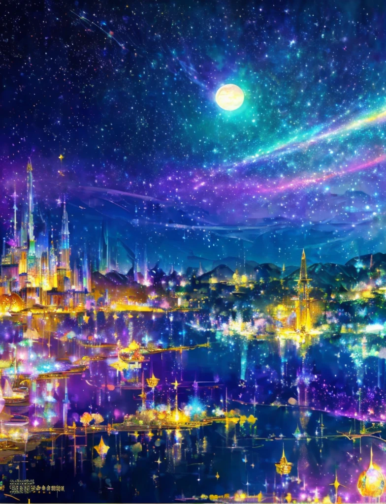 ((The pale yellow moon of a supergiant star))((Subjective depiction of a profile looking up)、On a multicolored background、Iridescent空に星と月が描かれた川の絵、Shining skyscrapers、Shine overall、Concept art inspired by Tosa Mitsuoki、pixiv contest winners、Highest quality、Fantasy art、Beautiful anime scene、Bright Moon、moonlight star environment、Dream painting、Anime Background Art、Fantasy Landscape Painting、Fantasy Knight、Anime Background、Background artwork、wonderful芸術、Atmospheric anime、Starry Sky、Detail enhancement、, Vibrant colors, Rainbow and sunshine shining.16K, Ultra-high resolution, Iridescent、to be born,wonderful ,future、Iridescent、The world 30 years from now。