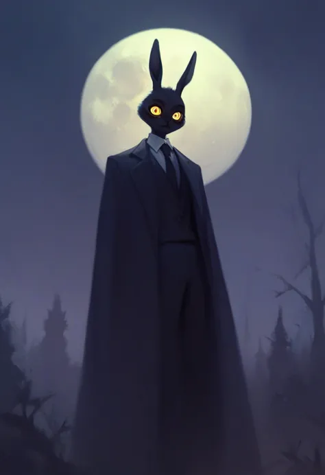 black furry bunny standing under the moonlight wearing a suit and has glowing yellow eyes , dark background, high detail, no lig...