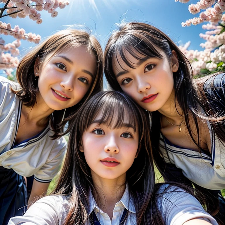 Best_Quality, HDR, masterpiece, Hi-Res, (realistic and photorealistic with touch of rawness:1.37), (group photo:1.6), ((SchoolGirls Surrounding the camera in Upward composition)), Panoramic, (Filled with many Faces), (NOGIZAKA face variations:1.4), { Looking down at the camera | (Kissing face to face) }, (((close:1.2, Face closeup from below:1.4))), (((Sky background)) with CherryBlossoms) . BREAK  Extremely Detailed KAWAII face variations, captivating gaze, elaborate detailed Eyes with (sparkling highlights:1.32), long eyelashes、Glossy RED Lips with beautiful details, Coquettish tongue, Rosy cheeks, Radiant Pearl skin . { (Dynamic joyful expressions) | (:D) | (Kissing) }, Childish, SchoolUniform, different types of hair colors and styles, { Slipped back hair | Bangs | Hime cut  | OKAPPA | White Silver hair | Blonde hair | Dark hair }