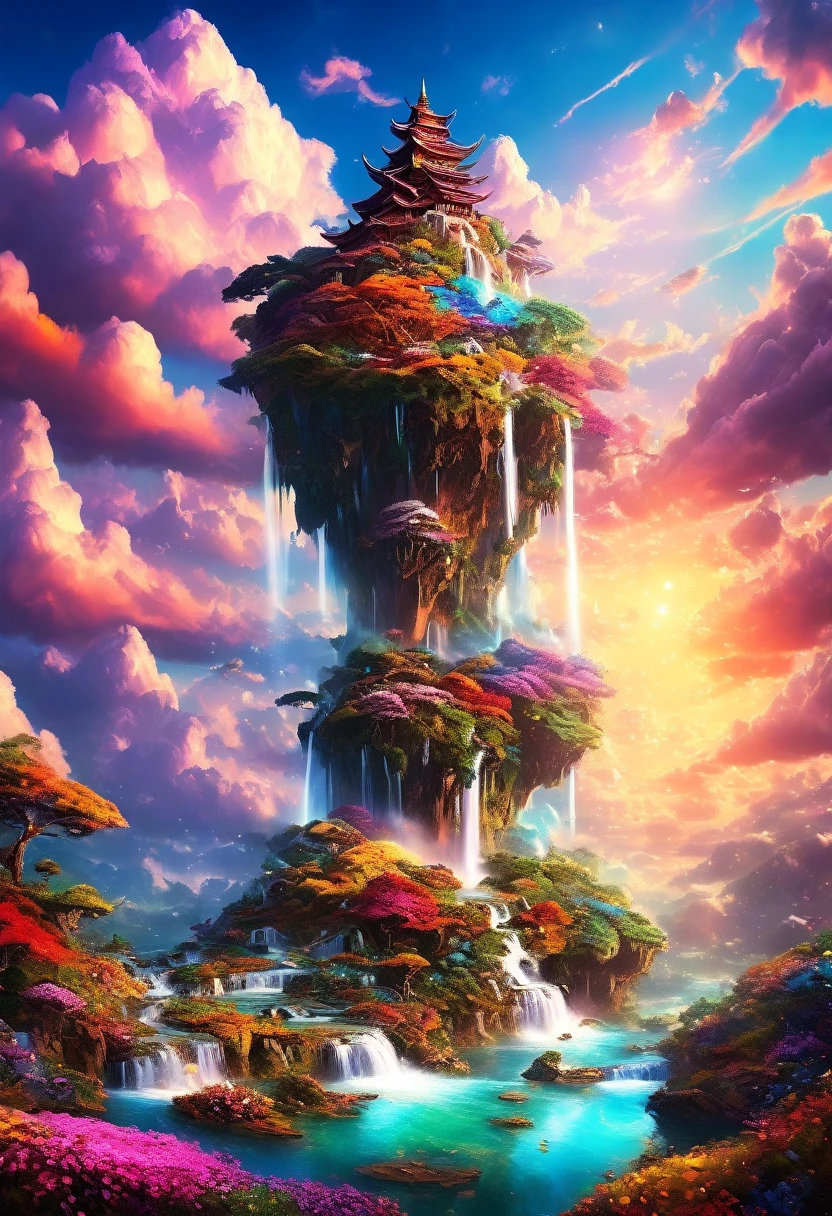 artwork, highest quality, Better Quality, Flying Island, Waterfall cascading down from the island, Fantasy World, Magnificent panorama, Multicolored clouds, Flashy colors,