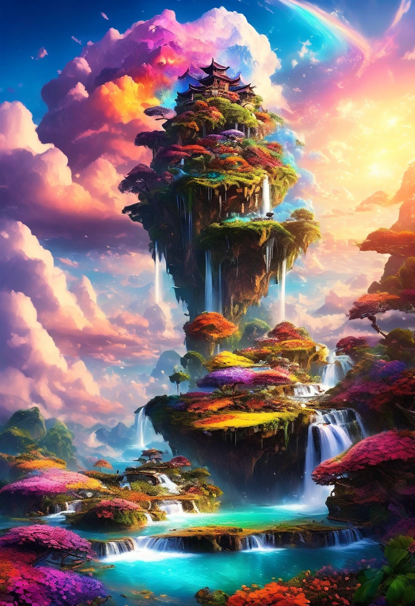 artwork, highest quality, Better Quality, Flying Island, Waterfall cascading down from the island, Fantasy World, Magnificent panorama, Multicolored clouds, Flashy colors,