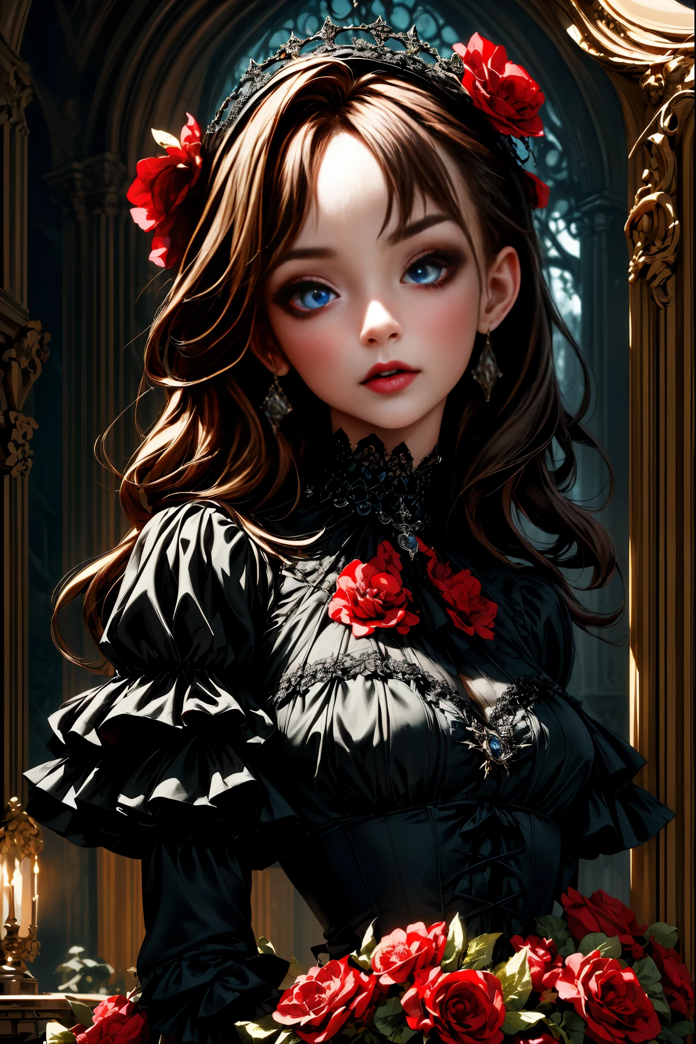 (Best Quality, high resolution:1.2), ultra detailed, realist:1.37, gothic girl with beautiful eyes and detailed lips, dynamic pose, wearing red and black gothic fashion, in a gothic atmosphere, with bright colors, dramatic lighting, HDR, studio lighting, bokeh, capturing the essence of gothic fashion, exquisite details in the fabric, Sharp focus on intricate patterns, evoking a sense of dark romanticism, high definition resolution. highly detailed and beautiful eyes.