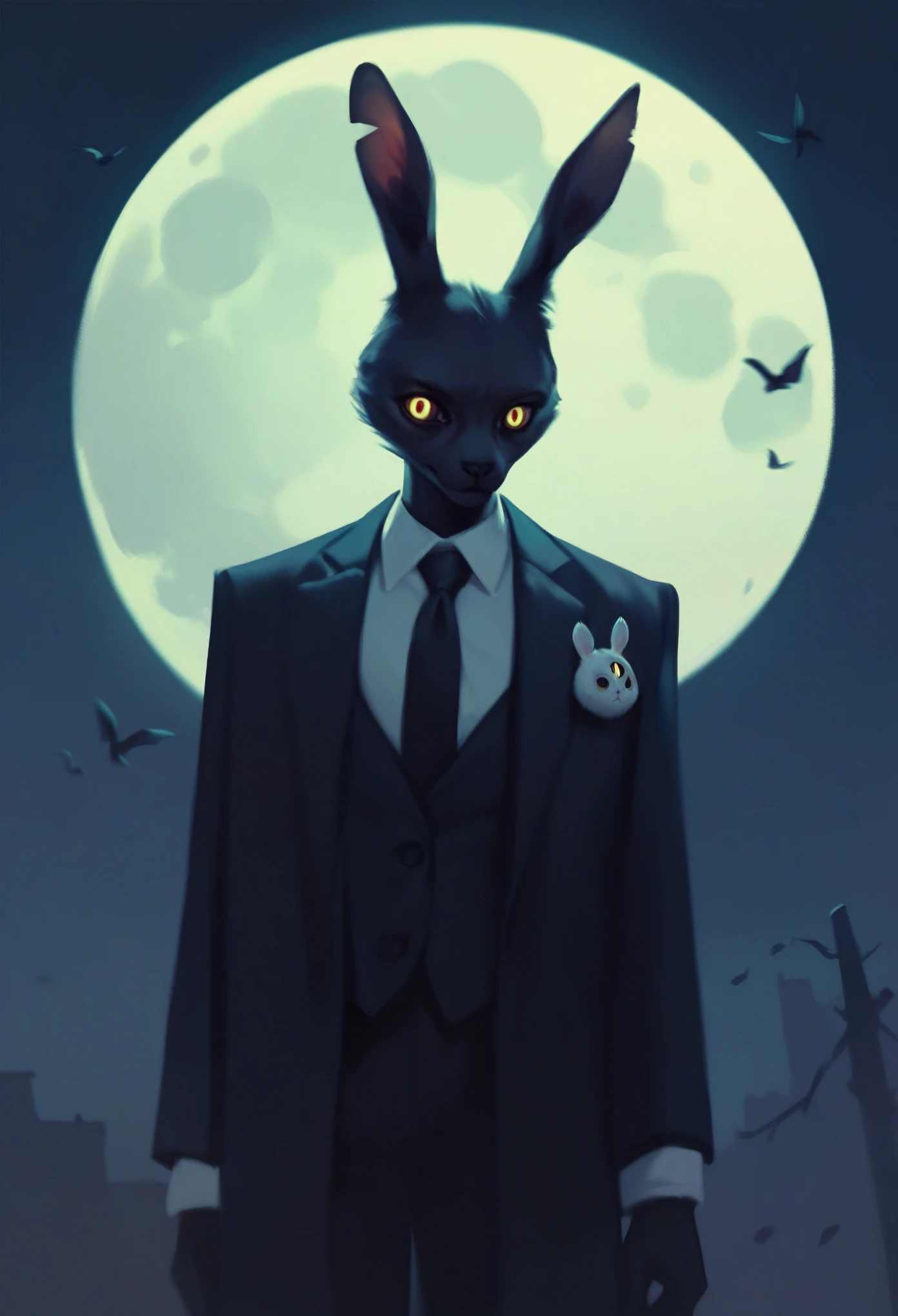 black furry bunny standing under the moonlight wearing a suit and has glowing yellow eyes , dark background, high detail, no light, woods landscape in the middle of the night, mistic, full moon, moonlight, (flat shading:1.2), (minimalist:1.4)
creepy bunny, evil